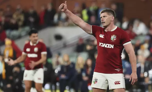 Owen Farrell of the British &amp; Irish Lions gestures during the rugby match between the Lions and the AUNZ Invitational XV in Adelaide, Saturday, July 12, 2025. (AP Photo/James Elsby)