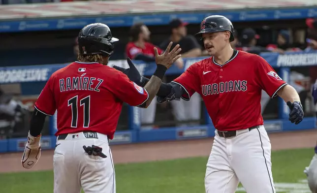 Cleveland Guardians' Jose Ramirez (11) congratulates Kyle Manzardo after his two-run home run off Colorado Rockies starting pitcher Tanner Gordon during the third inning of a baseball game, Tuesday, July 29, 2025, in Cleveland. (AP Photo/Phil Long)