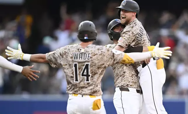 San Diego Padres' Jake Cronenworth, right, celebrates with teammates after hitting a walkoff single during the 10th inning of a baseball game against the Texas Rangers, Friday, July 4, 2025. (AP Photo/Denis Poroy)