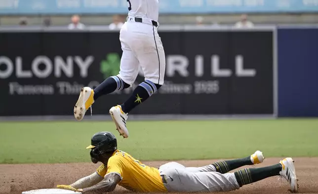 Athletics' Denzel Clarke steals second base as the throw is too high for Tampa Bay Rays shortstop Taylor Walls during the second inning of a baseball game Wednesday, July 2, 2025, in Tampa, Fla. (AP Photo/Jason Behnken)