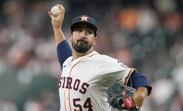 Houston Astros starting pitcher Jason Alexander throws against the Athletics during the first inning of a baseball game Thursday, July 24, 2025, in Houston. (AP Photo/David J. Phillip)