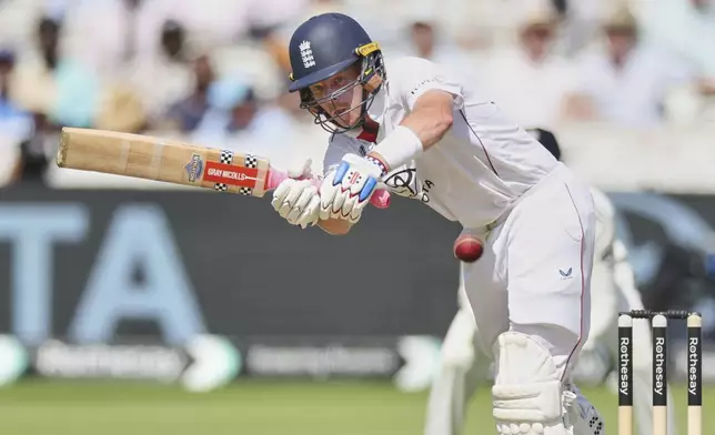 England's Ollie Pope plays a shot during the third cricket test match between England and India at Lord's cricket ground in London, Thursday, July 10, 2025. (AP Photo/Richard Pelham)