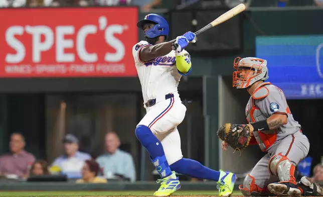 Texas Rangers' Adolis García follows through while hitting a double against the Baltimore Orioles during the fifth inning of a baseball game Tuesday, July 1, 2025, in Arlington, Texas. (AP Photo/Julio Cortez)