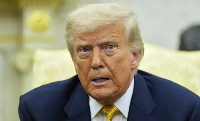 President Donald Trump speaks during a meeting with Bahrain's Crown Prince Salman bin Hamad Al Khalifa in the Oval Office of the White House, Wednesday, July 16, 2025, in Washington. (AP Photo/Alex Brandon)