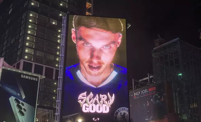 An advertising board featuring Chelsea’s Cole Palmer near Madison Square Garden in New York, following Palmer scoring two goals in the 3-0 Club World Cup final win over Paris Saint-Germain, on Sunday July 13, 2025. (AP Photo/Ron Blum)