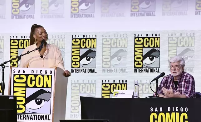 Queen Latifah, left, and George Lucas attend a panel for the Lucas Museum of Narrative Art during Comic-Con International on Sunday, July 27, 2025, in San Diego. (Photo by Richard Shotwell/Invision/AP)