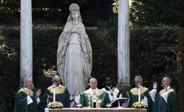 Pope Leo XIV leads the Mass for the Care of Creation, in Castel Gandolfo, Italy, Wednesday, July 9, 2025. (Yara Nardi/Pool Via AP)