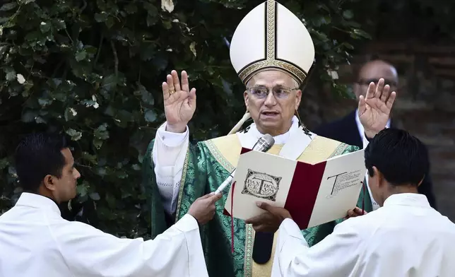 Pope Leo XIV leads the Mass for the Care of Creation, in Castel Gandolfo, Italy, Wednesday, July 9, 2025. (Yara Nardi/Pool Via AP)
