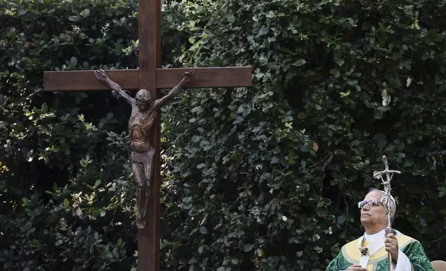 Pope Leo XIV leads the Mass for the Care of Creation, in Castel Gandolfo, Italy, Wednesday, July 9, 2025. (Yara Nardi /Pool Photo via AP)