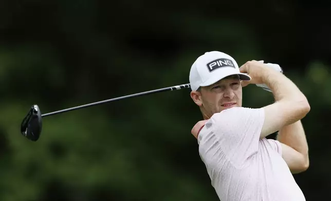 Brian Campbell tees off on the second hole during the final round of the John Deere Classic golf tournament, Sunday, July 6, 2025, in Silvis, Ill. (Nikos Frazier/Omaha World-Herald via AP)