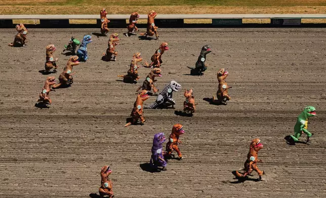 Racers take to the track during a preliminary heat during the "T-Rex World Championship Races" at Emerald Downs, Sunday, June 29, 2025, in Auburn, Wash. (AP Photo/Lindsey Wasson)