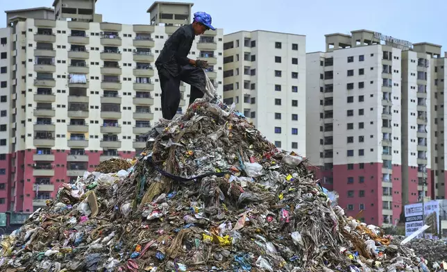 A boy searches for recyclable items from a pile of garbage at a dump site on World Environment Day, in Karachi, Pakistan, Thursday, June 5, 2025. (AP Photo/Ali Raza)