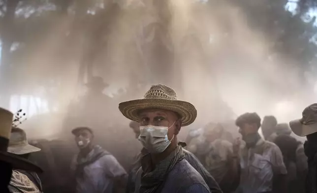 Pilgrims walk through dusty terrain near Aznalcazar, Spain, during the annual Catholic pilgrimage to the shrine of the Virgin of El Rocio, Friday, June 6, 2025. (AP Photo/Emilio Morenatti)