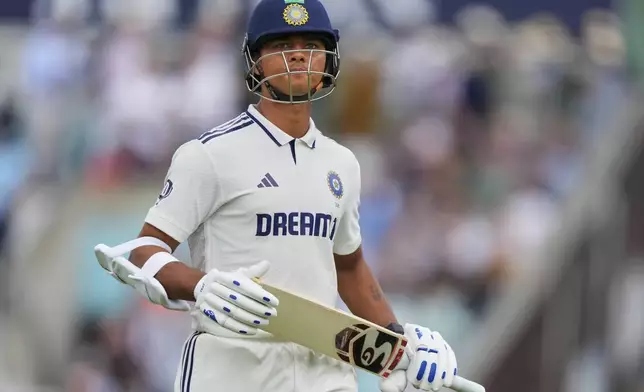 India's Yashasvi Jaiswal walks off the field after losing his wicket during the first day of the fifth cricket test match between England and India at The Kia Oval in London, Thursday, July 31, 2025. (AP Photo/Kirsty Wigglesworth)