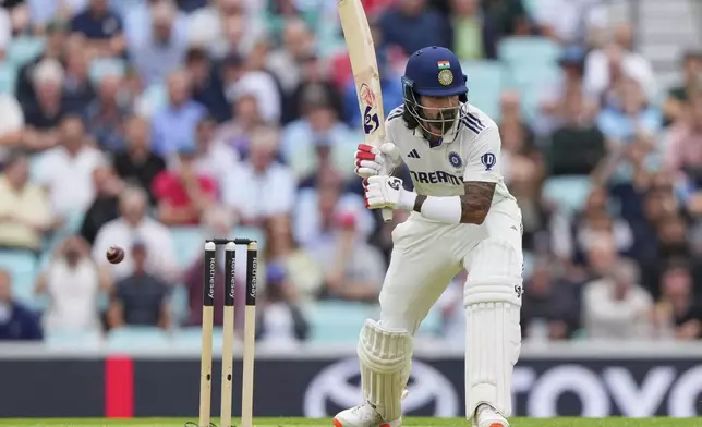 India's KL Rahul plays a shot during the first day of the fifth cricket test match between England and India at The Kia Oval in London, Thursday, July 31, 2025. (AP Photo/Kirsty Wigglesworth)