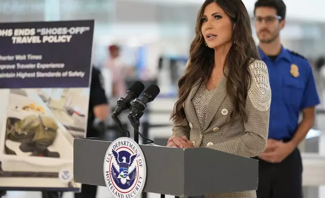 Secretary of Homeland Security Kristi Noem speaks during a news conference at the Nashville International Airport, Thursday, July 17, 2025, in Nashville, Tenn. (AP Photo/George Walker IV)