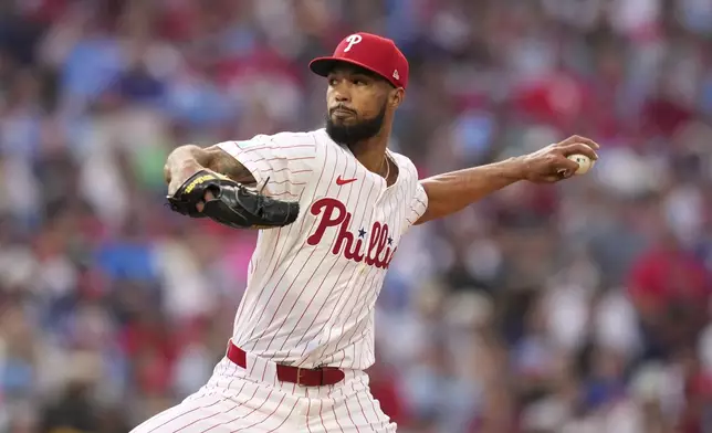 Philadelphia Phillies' Cristopher Sánchez pitches during the third inning of a baseball game against the Boston Red Sox Tuesday, July 22, 2025, in Philadelphia. (AP Photo/Matt Slocum)