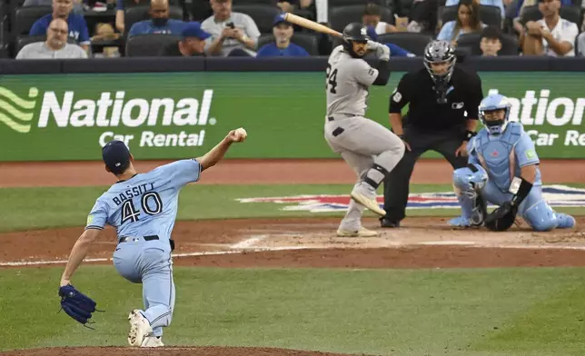 Toronto Blue Jays starting pitcher Chris Bassitt (40) throws to New York Yankees' Jasson Dominguez (24) in the fourth inning of a baseball game in Toronto on Wednesday, July 23, 2025. (Jon Blacker/The Canadian Press via AP)