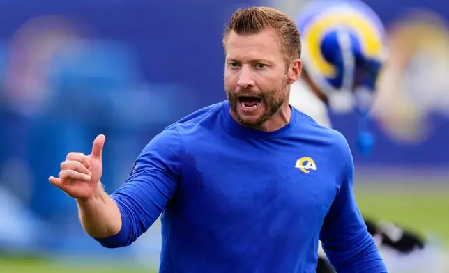 FILE - Los Angeles Rams head coach Sean McVay gestures during the NFL football team's organized team activities Wednesday, May 28, 2025, in Los Angeles. (AP Photo/Mark J. Terrill, File)