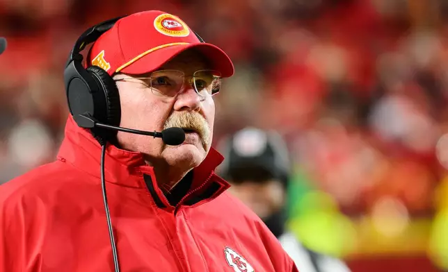 FILE - Kansas City Chiefs head coach Andy Reid looks at the scoreboard during a break in action against the Houston Texans during the second half of an NFL football divisional playoff game, Saturday, Jan. 18, 2025 in Kansas City, Mo. (AP Photo/Reed Hoffmann, File)