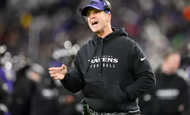 FILE - Baltimore Ravens head coach John Harbaugh in action during the second half of an NFL football game against the Pittsburgh Steelers, Saturday, Dec. 21, 2024, in Baltimore. (AP Photo/Nick Wass, File)