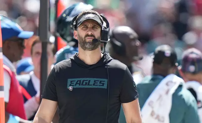 FILE - Philadelphia Eagles head coach Nick Sirianni walks the sidelines during an NFL football game against the Tampa Bay Buccaneers, Sunday, Sept. 29, 2024, in Tampa, Fla. (AP Photo/Peter Joneleit, File)