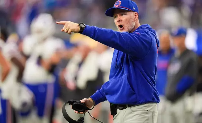 FILE - Buffalo Bills head coach Sean McDermott reacts during the second half of an NFL football game against the Los Angeles Rams, Sunday, Dec. 8, 2024, in Inglewood, Calif. (AP Photo/Gregory Bull, File)