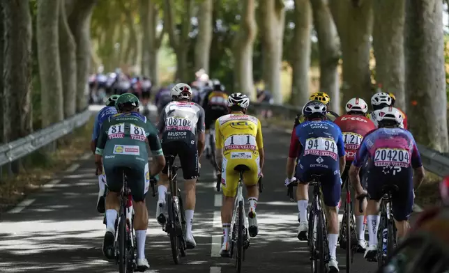 The group with Slovenia's Tadej Pogacar, wearing the overall leader's yellow jersey, center, rides during the fifteenth stage of the Tour de France cycling race over 169.3 kilometers (105.2 miles) with start in Muret and finish in Carcassone, France, Sunday, July 20, 2025. (AP Photo/Mosa'ab Elshamy)