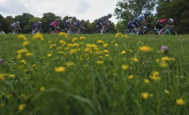 France's Ewen Costiou leads the breakaway group before Italy's Simone Velasco, France's Romain Gregoire, Australia's Kaden Groves, Netherlands' Frank van den Broek, Netherlands' Pascal Eekhoorn, Australia's Harrison Sweeney and Britain's Jake Stewart during the twentieth stage of the Tour de France cycling race over 184.2 kilometers (114.5 miles) with start in Nantua and finish in Pontarlier, France, Saturday, July 26, 2025. (AP Photo/Thibault Camus)