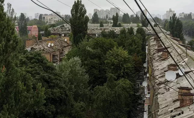 Residential buildings heavily damaged by a Russian strike in Kyiv, Ukraine, on Thursday, July 31, 2025. (AP Photo/Evgeniy Maloletka)
