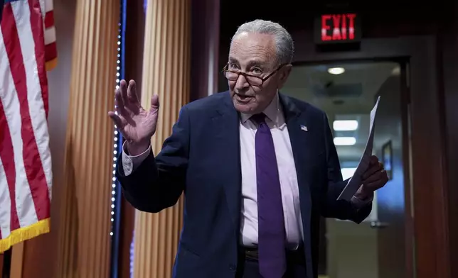 Senate Minority Leader Chuck Schumer, D-N.Y., updates reporters as Senate Republicans work to advance President Donald Trump's sweeping domestic policy bill, at the Capitol in Washington, Friday, June 27, 2025. (AP Photo/J. Scott Applewhite)