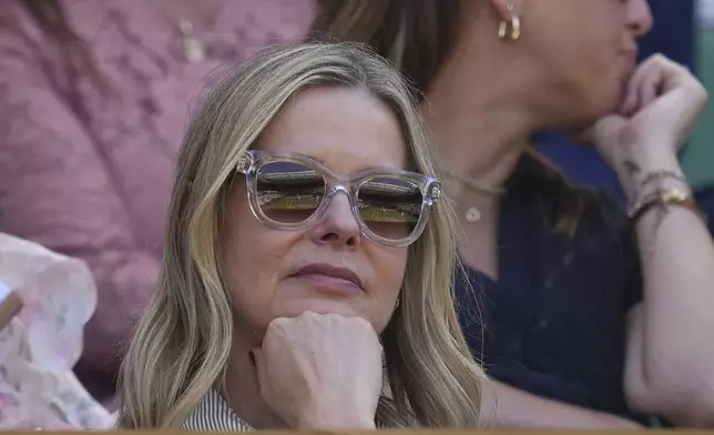 Lady Helen Taylor sits in the Royal Box on Centre Court on day thirteen at the Wimbledon Tennis Championships in London, Saturday, July 12, 2025. (AP Photo/Kin Cheung)