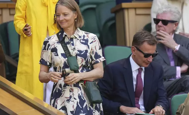 Actor Jodie Foster arrives in the Royal Box on Centre Court on day nine at the Wimbledon Tennis Championships in London, Tuesday, July 8, 2025. (AP Photo/Kirsty Wigglesworth)