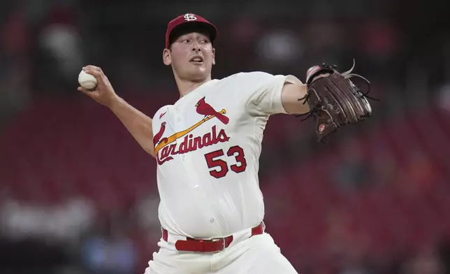 St. Louis Cardinals starting pitcher Andre Pallante throws during the seventh inning of a baseball game against the Miami Marlins Monday, July 28, 2025, in St. Louis. (AP Photo/Jeff Roberson)