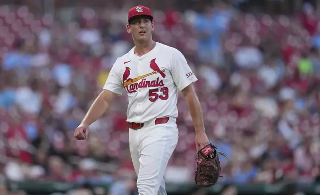 St. Louis Cardinals starting pitcher Andre Pallante heads off the field after getting Miami Marlins' Dane Myers to fly out, ending the top of the third inning of a baseball game Monday, July 28, 2025, in St. Louis. (AP Photo/Jeff Roberson)