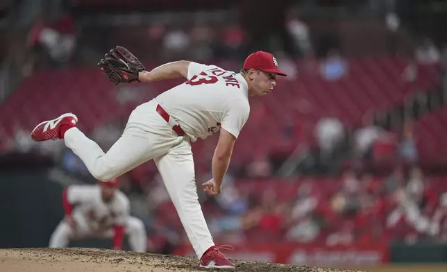 St. Louis Cardinals starting pitcher Andre Pallante throws during the seventh inning of a baseball game against the Miami Marlins Monday, July 28, 2025, in St. Louis. (AP Photo/Jeff Roberson)