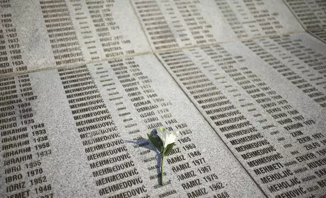 A flower is seen on a monument with the names of those killed in the Srebrenica genocide, at the Memorial Center in Potocari, Bosnia, Friday, July 11, 2025. (AP Photo/Armin Durgut)