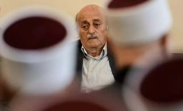 Walid Jumblatt, the political leader of Lebanon's minority Druze sect, attends a gathering of minority religious leaders in Beirut, Lebanon, Friday, July 18, 2025 as they speak about sectarian clashes between Druze factions, Sunni Muslim Bedouin clans, and government forces in Syria. (AP Photo/Bilal Hussein)