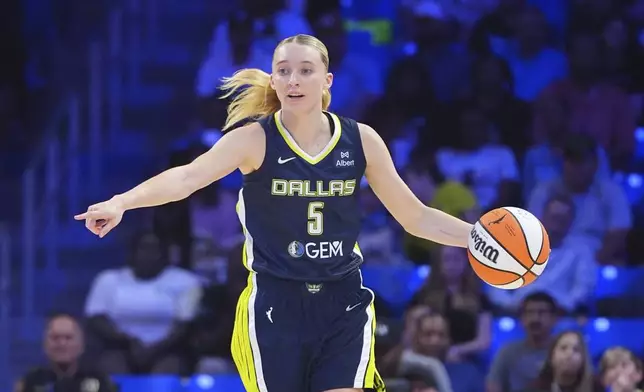 Dallas Wings guard Paige Bueckers dribbles the ball during the first half of a WNBA basketball game against the Atlanta Dream in Arlington, Texas, Wednesday, July 30, 2025. (AP Photo/LM Otero)