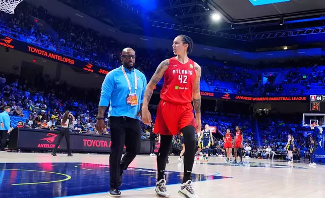 Atlanta Dream center Brittney Griner (42) walks off the floor after being ejected for fouling Dallas Wings guard Haley Jones during the second half of a WNBA basketball game in Arlington, Texas, Wednesday, July 30, 2025. (AP Photo/LM Otero)