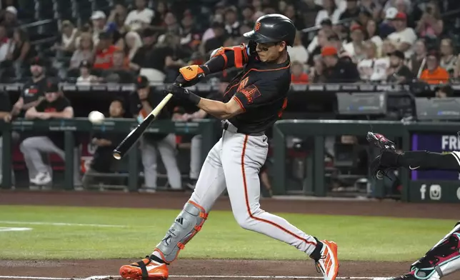 San Francisco Giants' Jung Hoo Lee hits an RBI triple against the Arizona Diamondbacks in the first inning during a baseball game, Wednesday, July 2, 2025, in Phoenix. (AP Photo/Rick Scuteri)