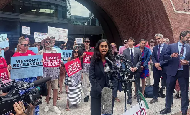 Ramya Krishnan, senior staff attorney at the Knight First Amendment Institute, speaks about a lawsuit challenging the Trump administration over deporting students and faculty who took part in pro-Palestinian demonstrations on Monday, July 7, 2025, at the federal courthouse in Boston. (AP Photo/Michael Casey)