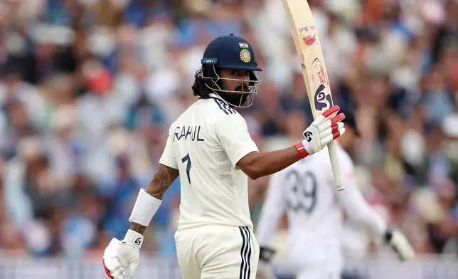 India's KL Rahul celebrates after scoring fifty runs duringday four of the second cricket test match between England and India at Edgbaston in Birmingham, England, Saturday, July 5, 2025. (AP Photo/Scott Heppell)