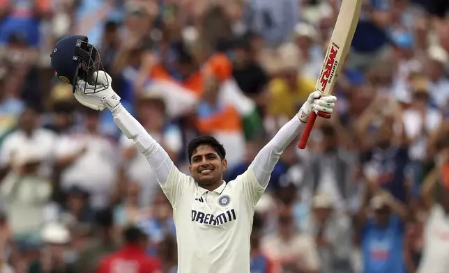 India's captain Shubman Gill celebrates after scoring a century during day four of the second cricket test match between England and India at Edgbaston in Birmingham, England, Saturday, July 5, 2025. (AP Photo/Scott Heppell)