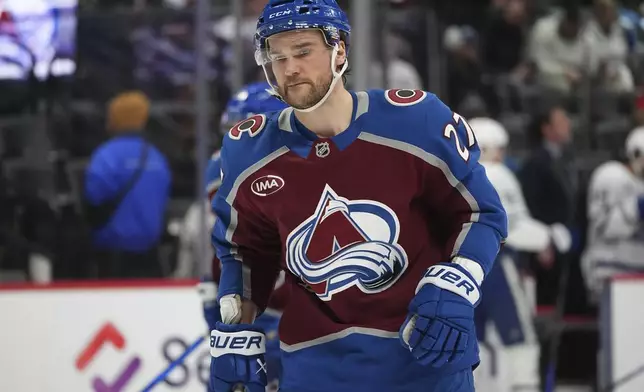 FILE - Colorado Avalanche left wing Jonathan Drouin in the second period of an NHL hockey game, March 8, 2025, in Denver. (AP Photo/David Zalubowski, file)