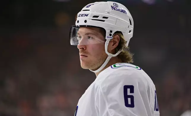 FILE - Vancouver Canucks' Brock Boeser in action during an NHL hockey game against the Philadelphia Flyers, Oct. 19, 2024, in Philadelphia. (AP Photo/Derik Hamilton, file)