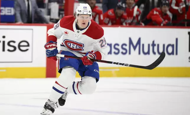 FILE - Montreal Canadiens center Christian Dvorak (28) in action in the first period of Game 2 of a first-round NHL hockey playoff series against the Washington Capitals Wednesday, April 23, 2025, in Washington. (AP Photo/Nick Wass, File)