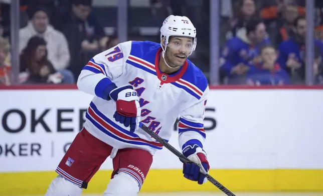 FILE - New York Rangers' K'Andre Miller plays in an NHL hockey game, Nov. 29, 2024, in Philadelphia. (AP Photo/Matt Slocum, File)