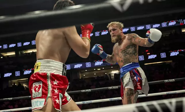Jake Paul reacts during his cruiserweight boxing match against Julio Cesar Chavez Jr. on Saturday, June 28, 2025, in Anaheim, Calif. (AP Photo/Etienne Laurent)