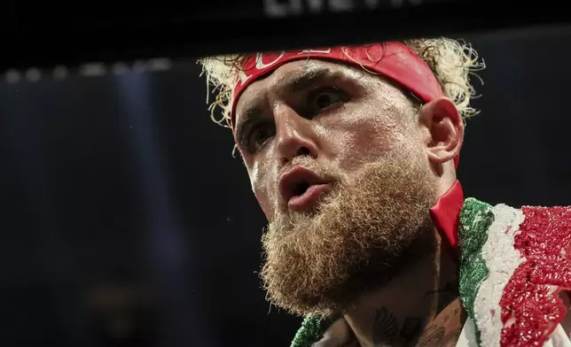Jake Paul arrives for his cruiserweight boxing match against Julio Cesar Chavez Jr. on Saturday, June 28, 2025, in Anaheim, Calif. (AP Photo/Etienne Laurent)